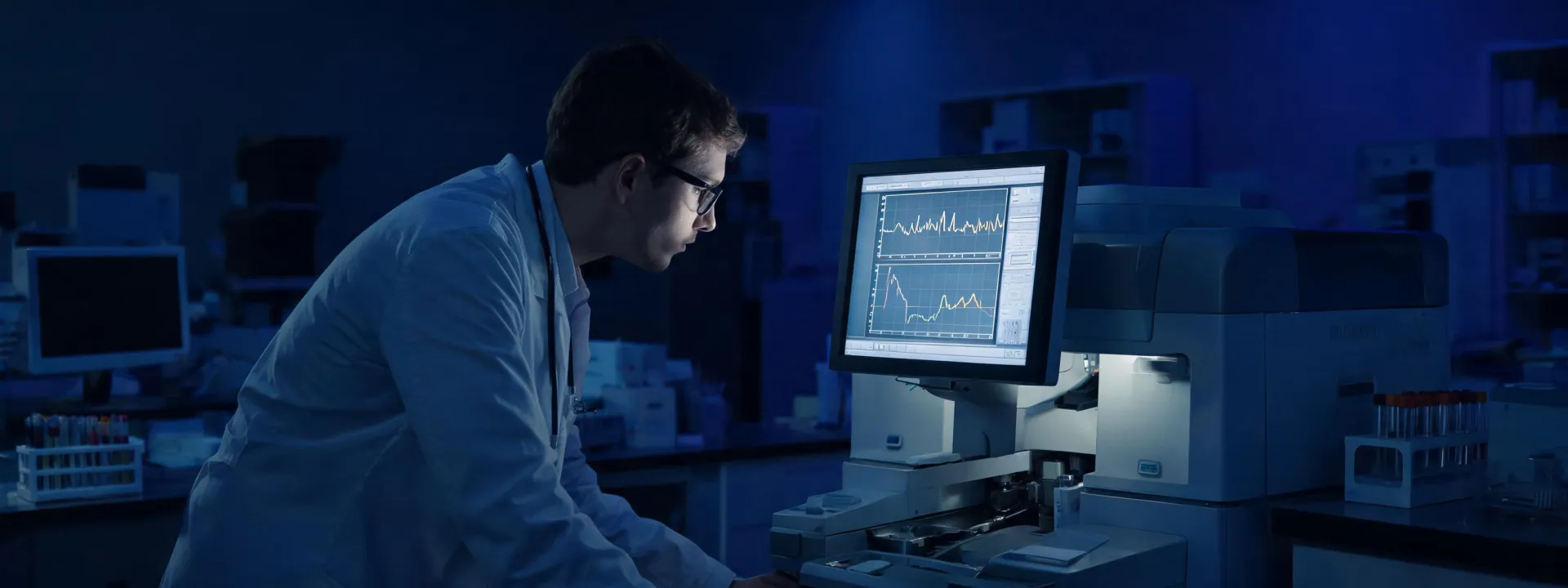 Laboratory service engineer reviewing analytical instrument diagnostics